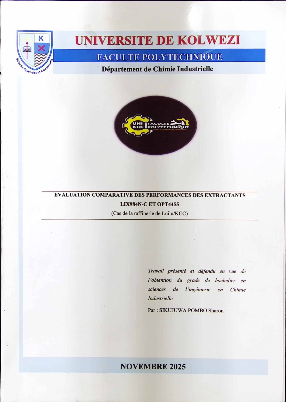 First page of EVALUATION COMPARATIVE DES PERFORMANCES DES EXTRAITANTS LIX984N-C ET OPT4455 (Cas de la raffinerie de Luilu/KCC)