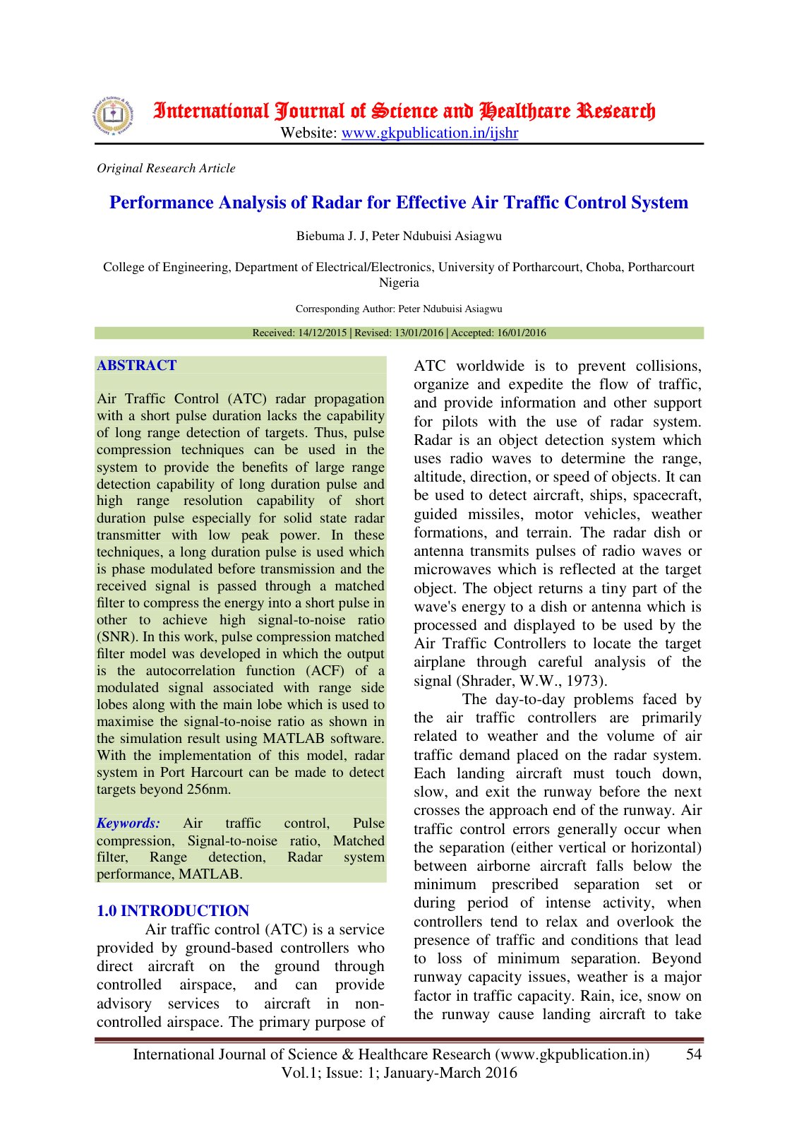 First page of Performance Analysis of Radar for Effective Air Traffic Control System