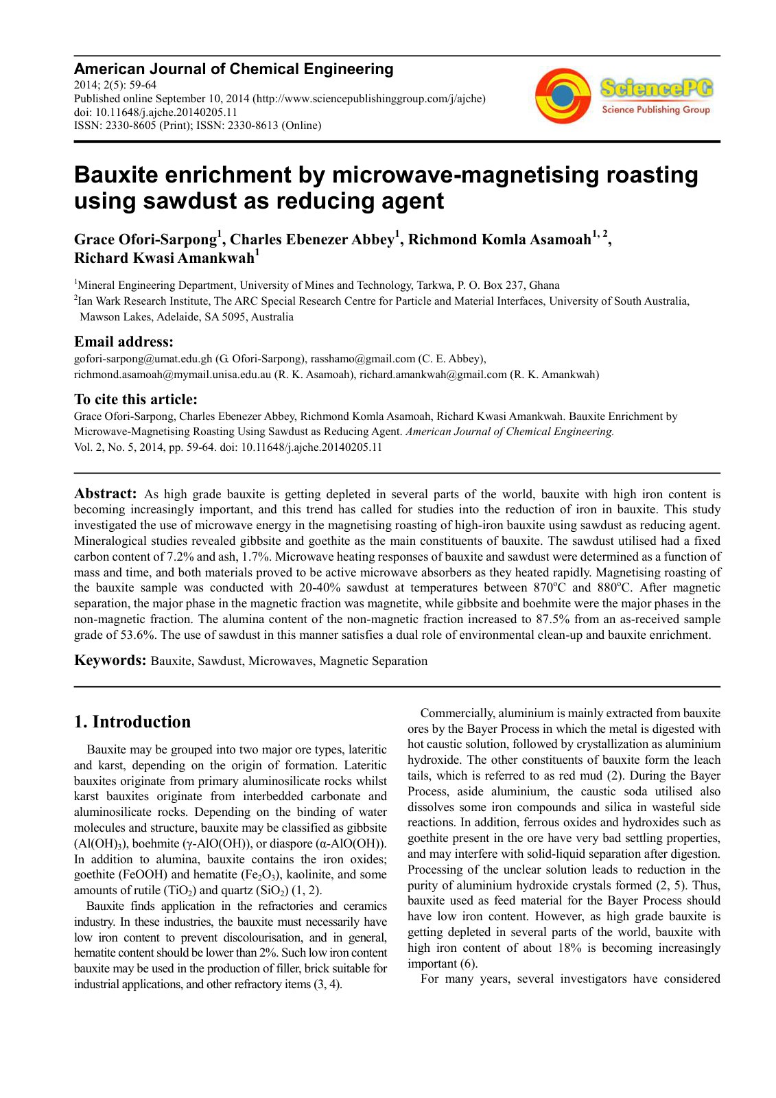 First page of Bauxite enrichment by microwave-magnetising roasting using sawdust as reducing agent
