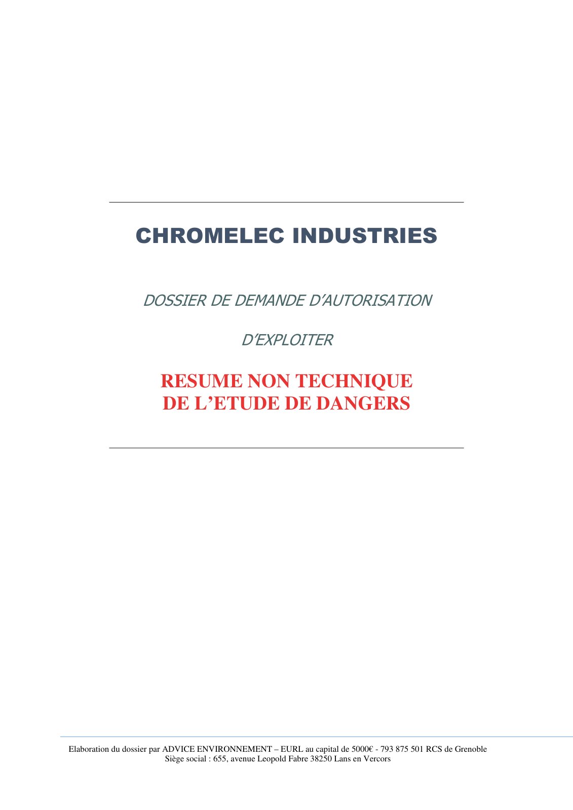 First page of Resumé non technique de l'étude de dangers