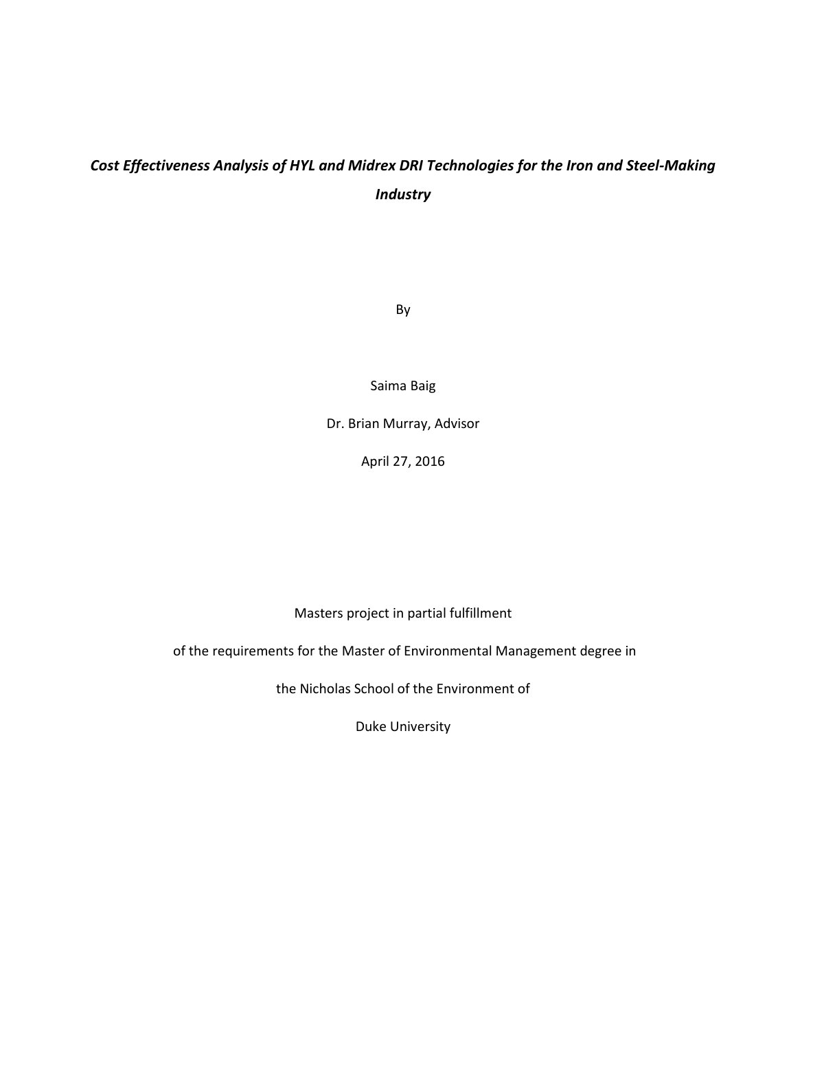 First page of MP CostEffectivenessAnalysisofHYLandMidrex Baig FINAL