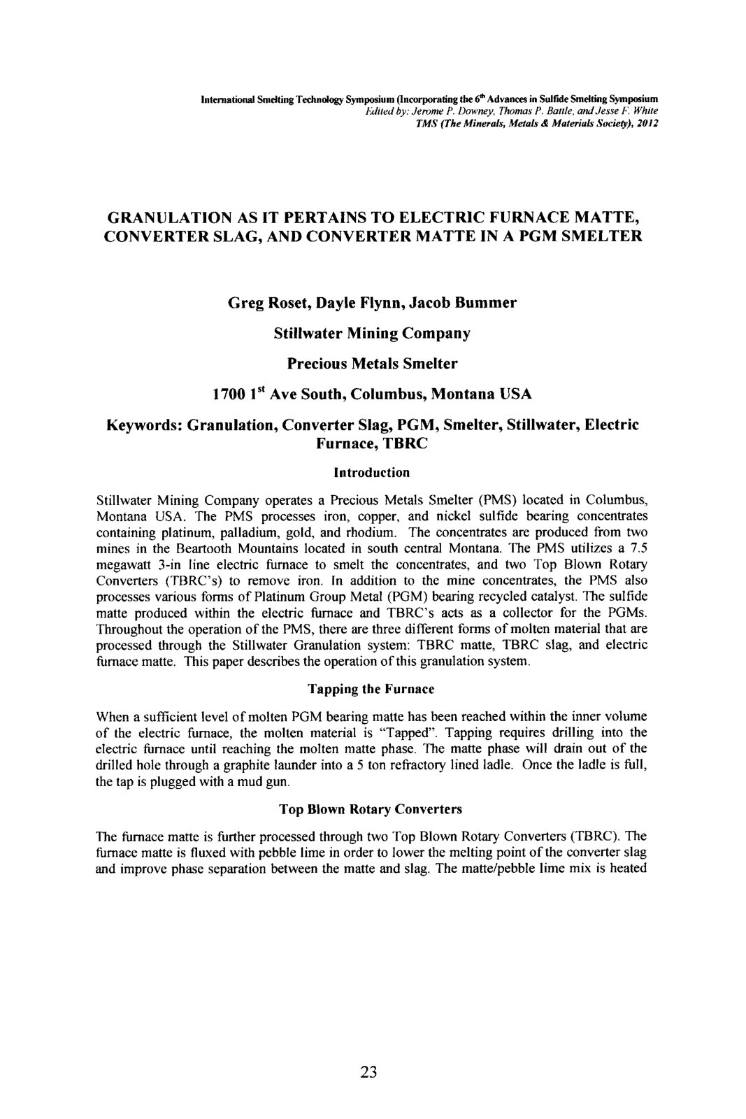 First page of Granulation as it Pertains to Electric Furnace Matte, Converter Slag, and Converter Matte in a PGM Smelter
