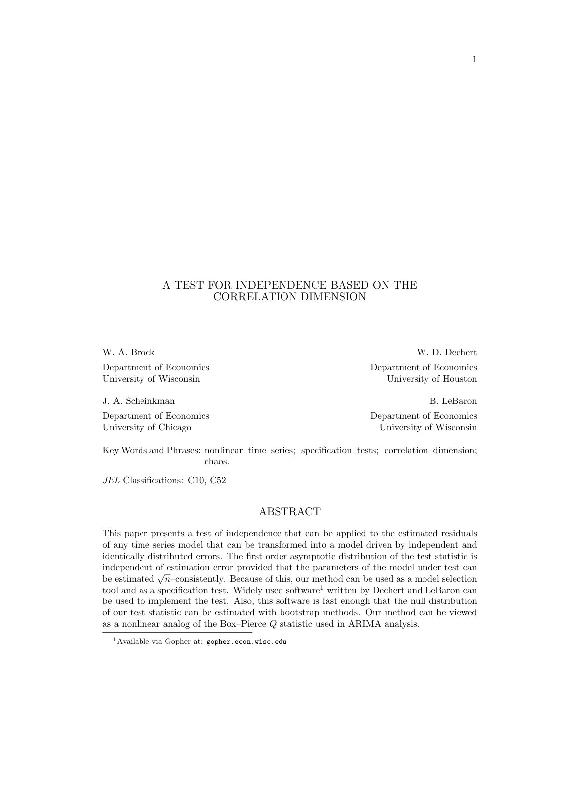 First page of A TEST FOR INDEPENDENCE BASED ON THE CORRELATION DIMENSION