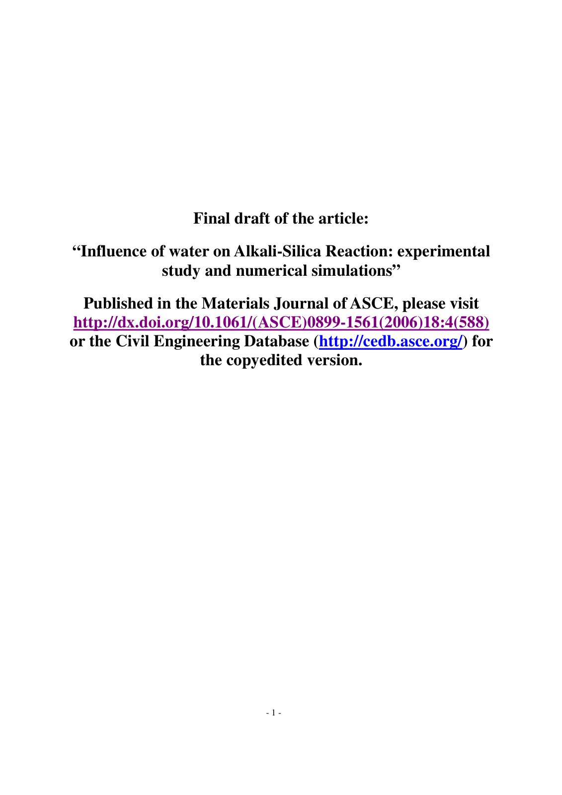 First page of Influence of Water on Alkali Silica Reac