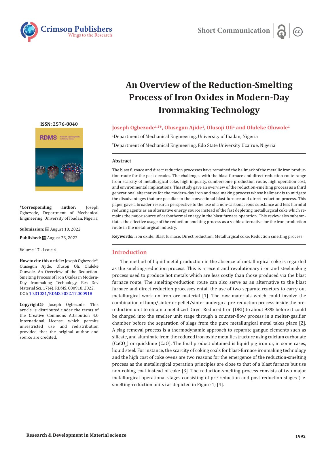 First page of An Overview of the Reduction Smelting Pr
