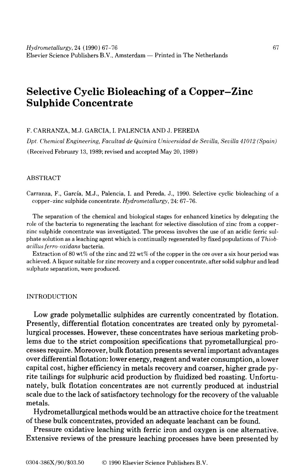 First page of Selective Cyclic Bioleaching of a Copper-Zinc Sulphide Concentrate