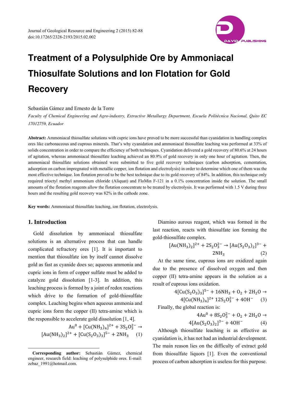 First page of Treatment of a Polysulphide Ore by Ammon