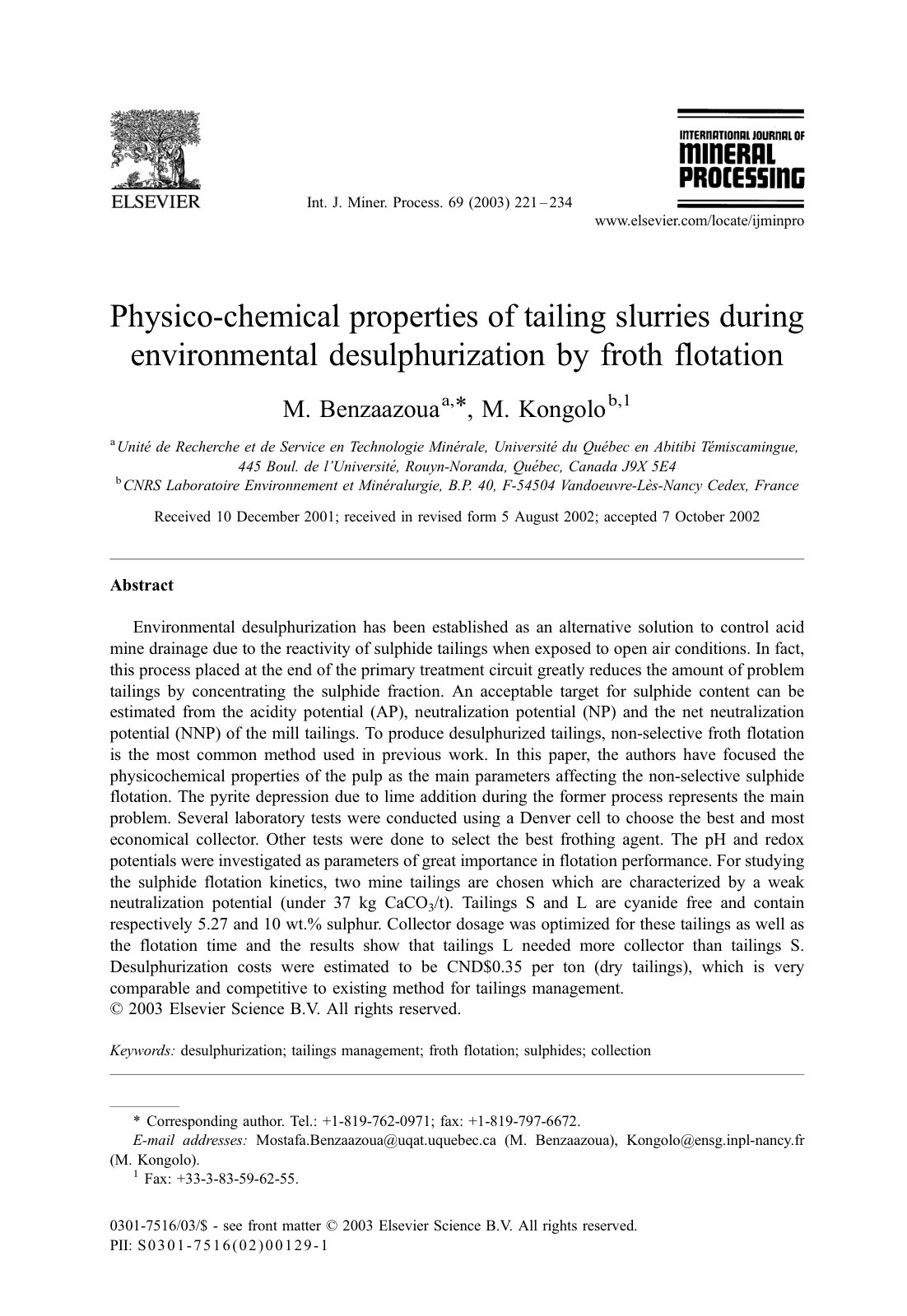 First page of Physico chemical properties of tailing s