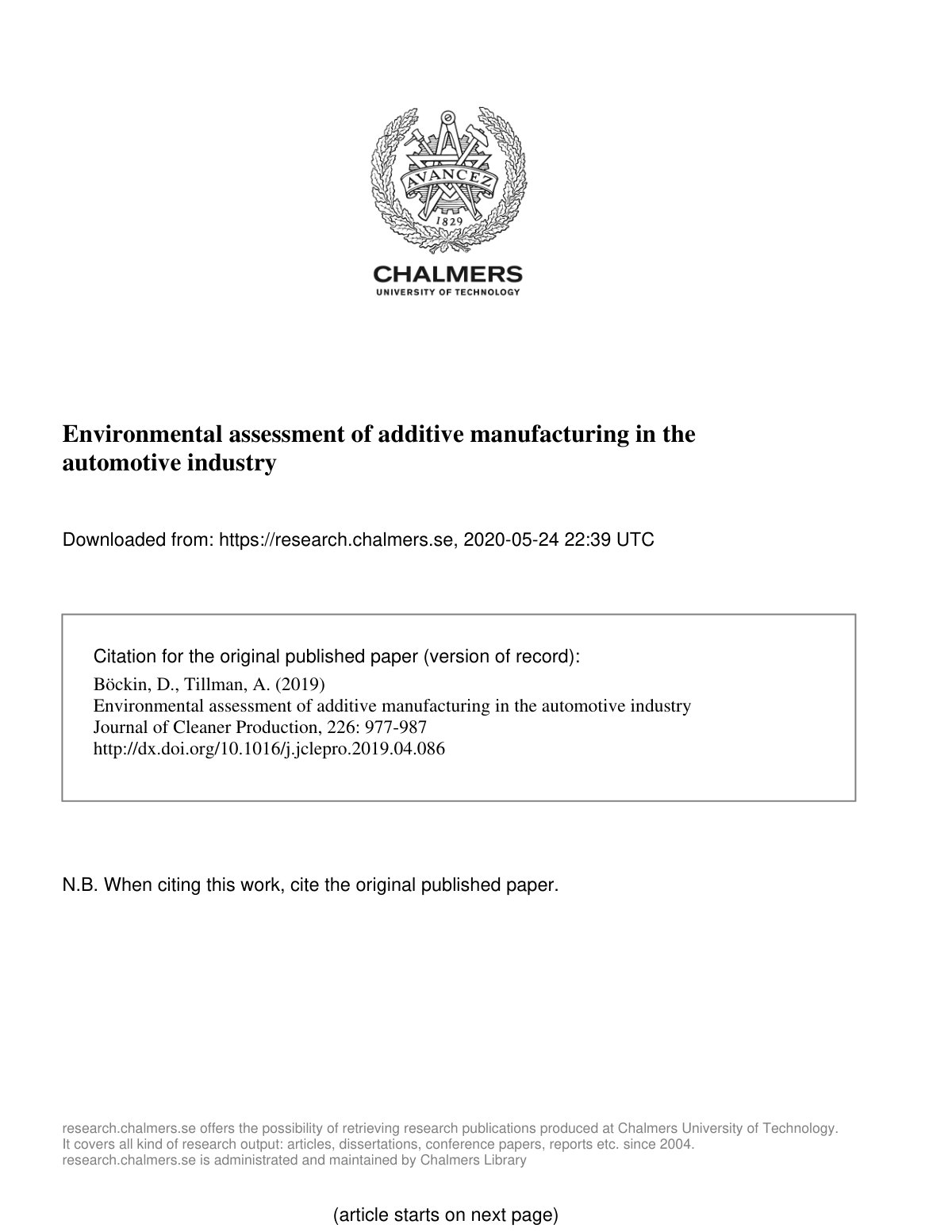 First page of Environmental assessment of additive man