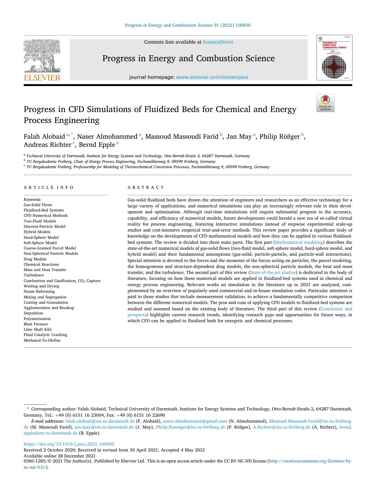 First page of Progress in CFD Simulations of Fluidized Beds fo 2022 Progress in Energy and