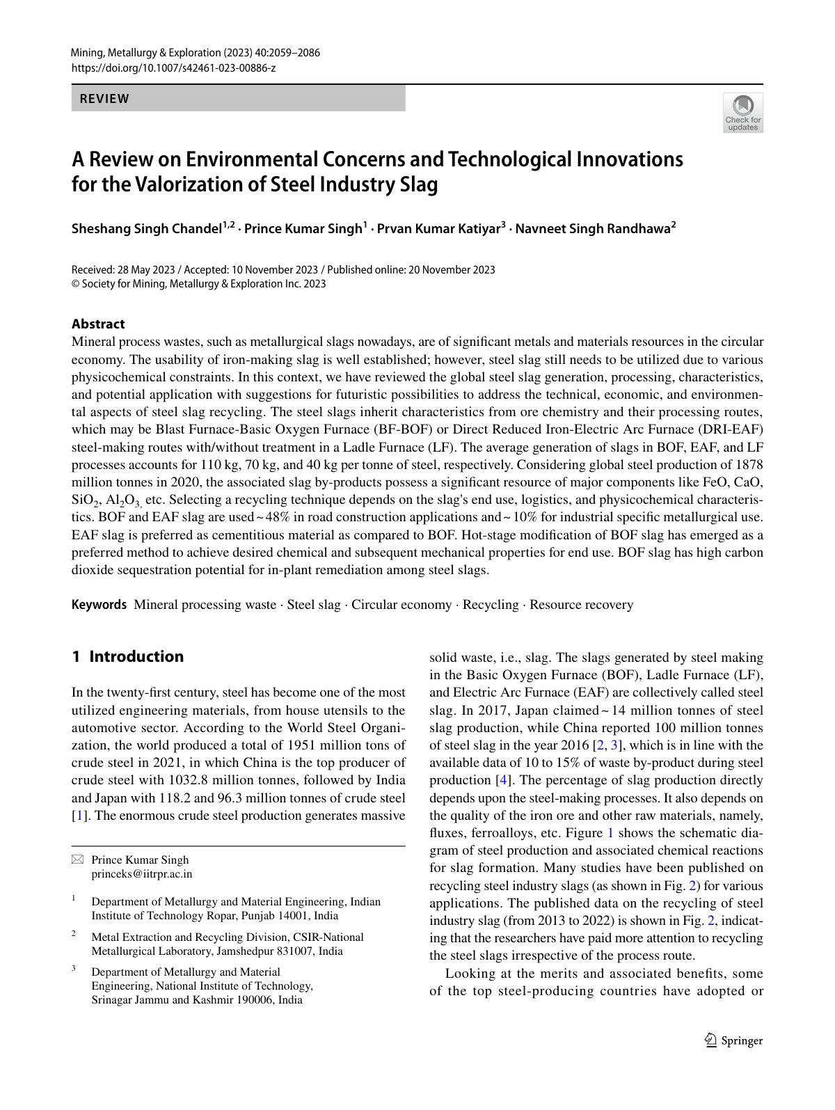 First page of A Review on Environmental Concerns and Technological Innovations for the Valorization of Steel Industry Slag