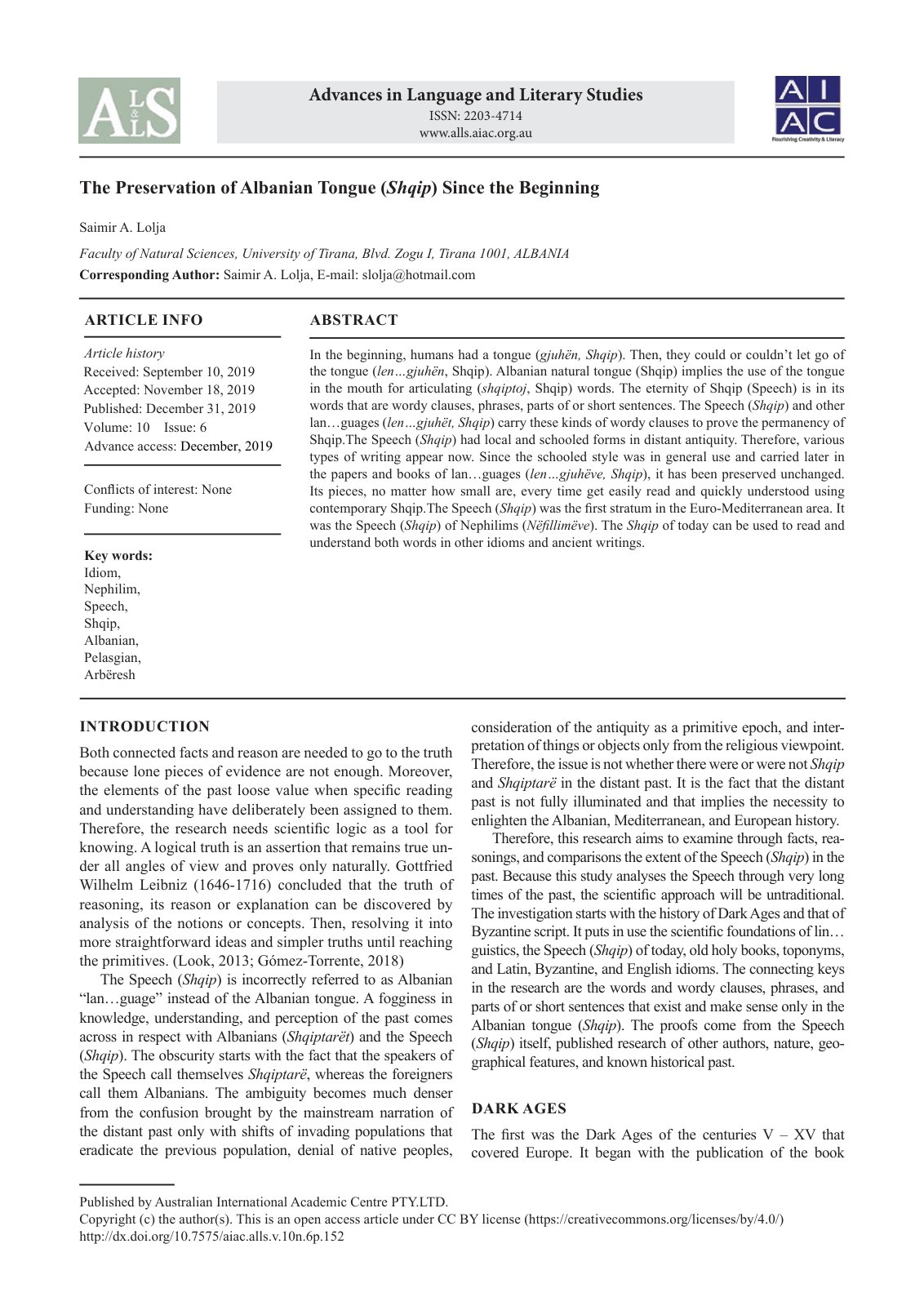 First page of The Preservation of Albanian Tongue Shqi