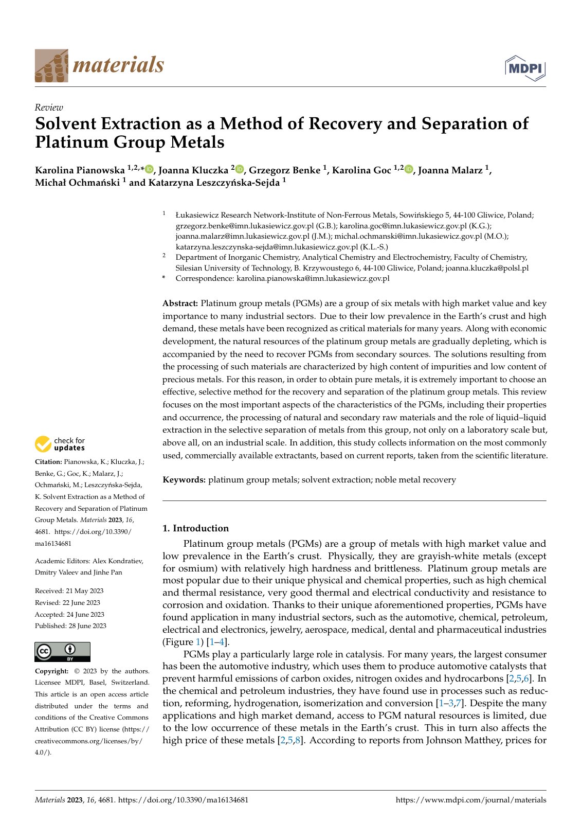 First page of Solvent Extraction as a Method of Recove
