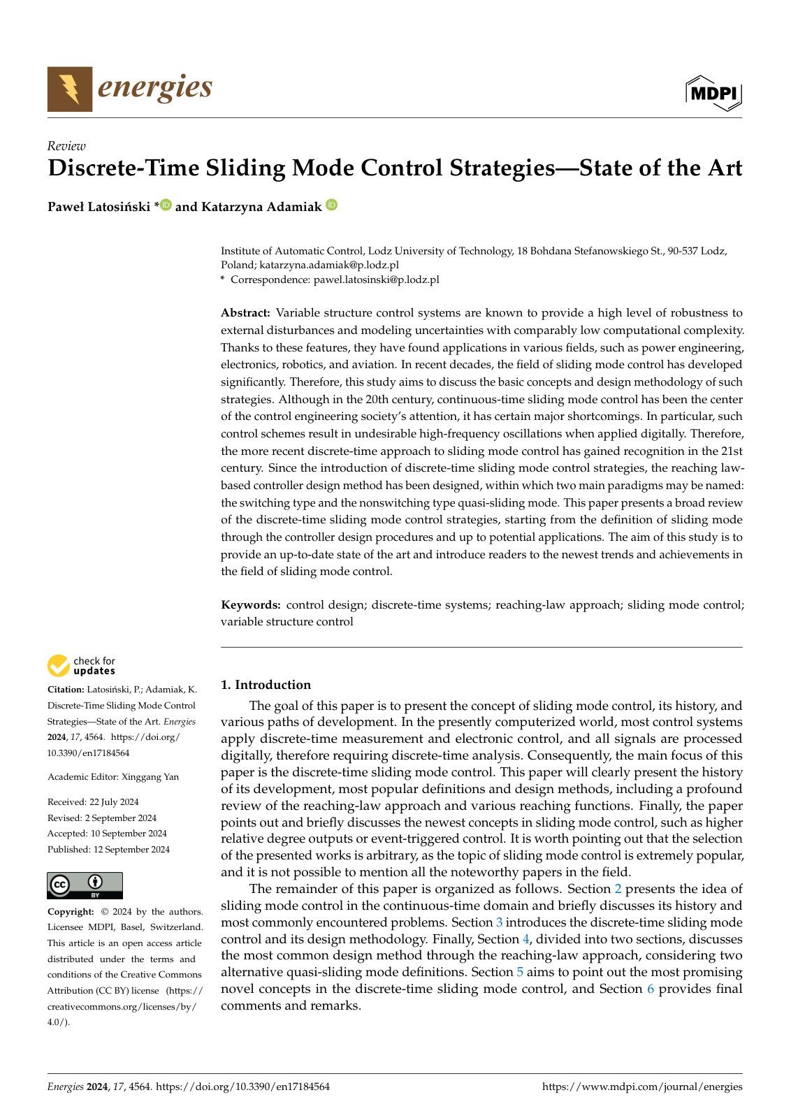 First page of Discrete-Time Sliding Mode Control Strategies—State of the Art