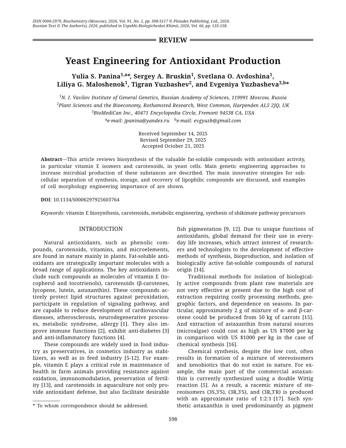 First page of 2026Yeastengineeringforantioxidantproduction