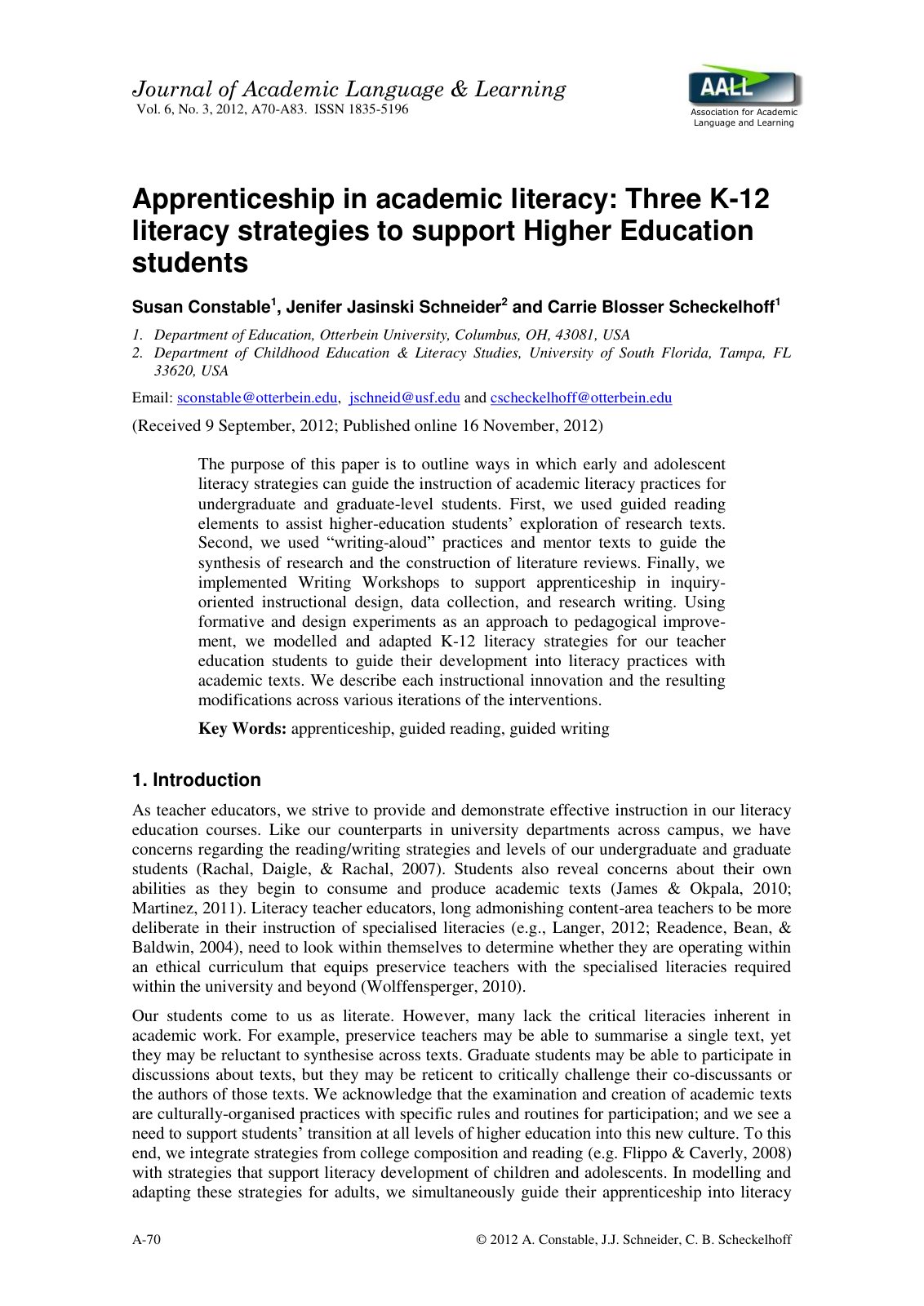 First page of Apprenticeship in Academic Literacy Thre