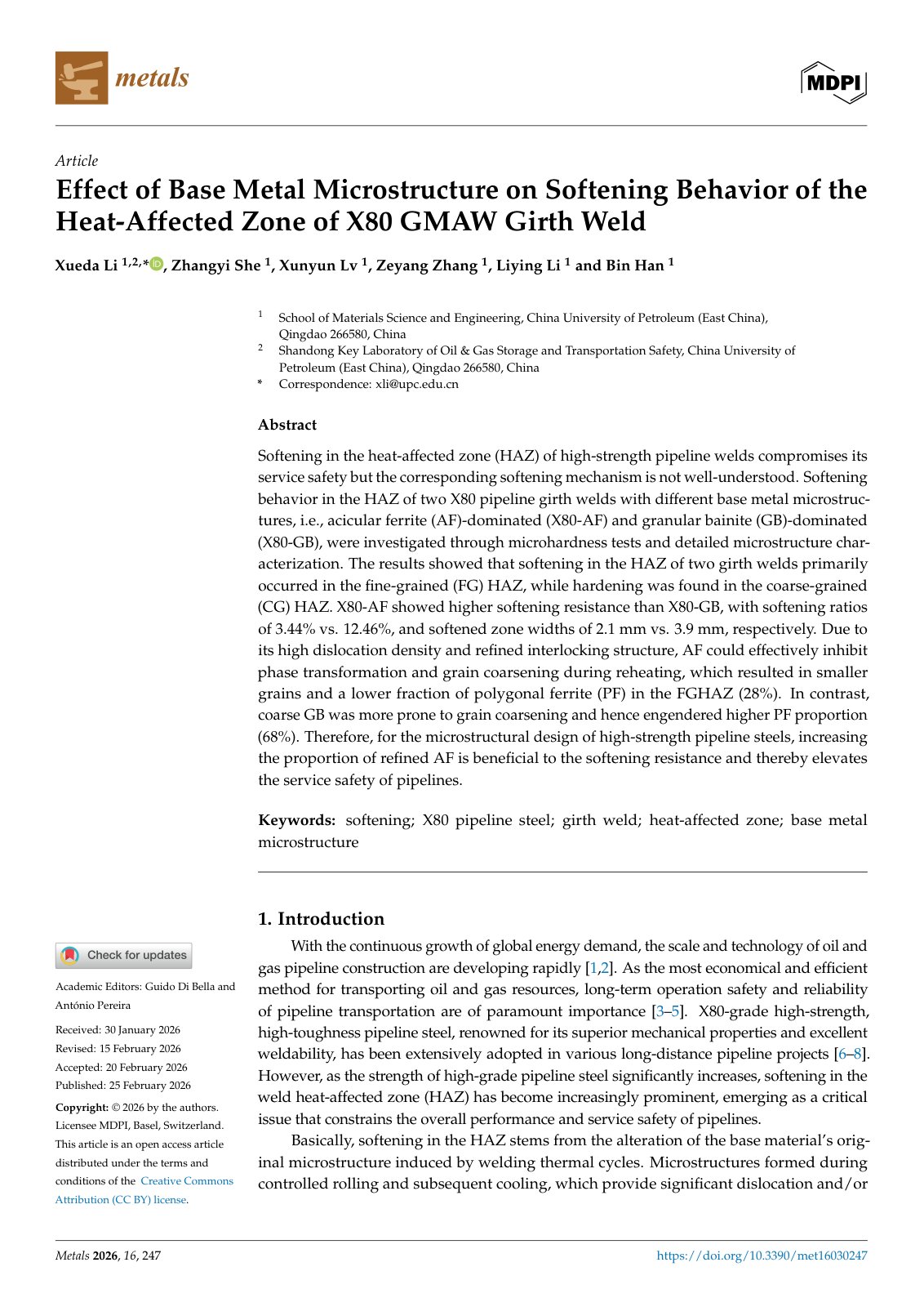 First page of Effect of Base Metal Microstructure on Softening Behavior of the Heat-Affected Zone of X80 GMAW Girth Weld
