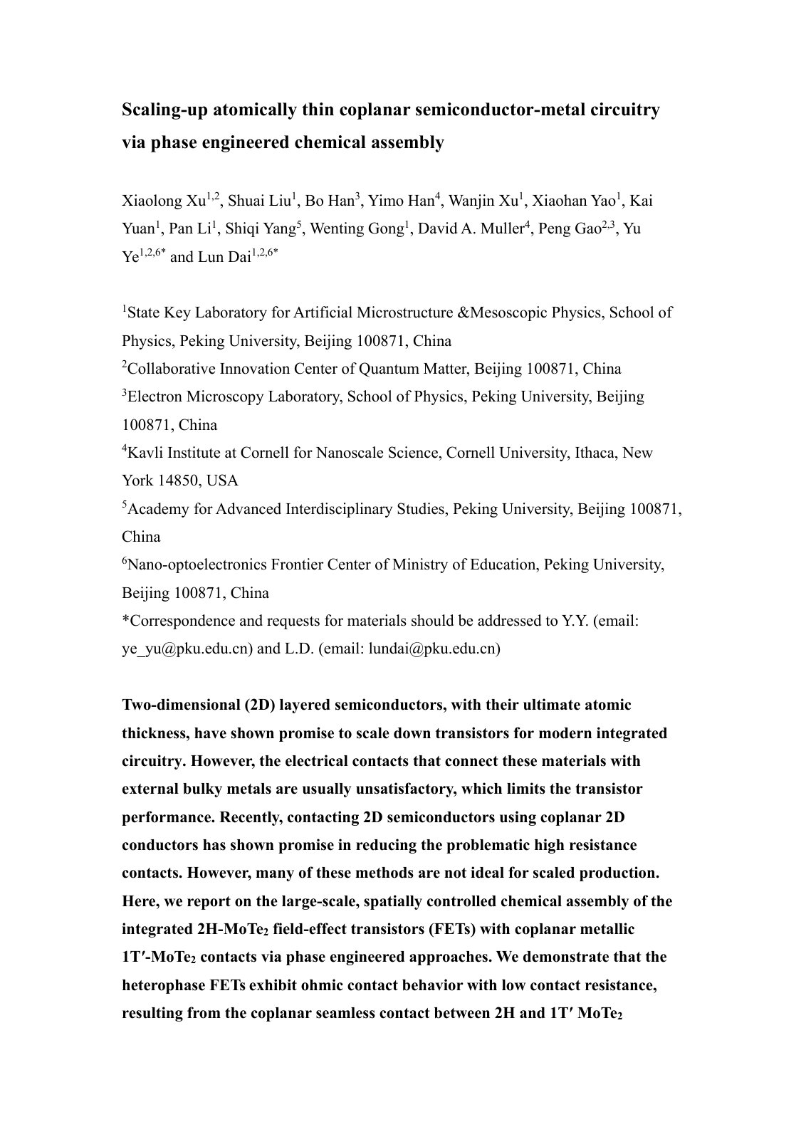 First page of Scaling-up atomically thin coplanar semiconductor-metal circuitry via phase engineered chemical assembly