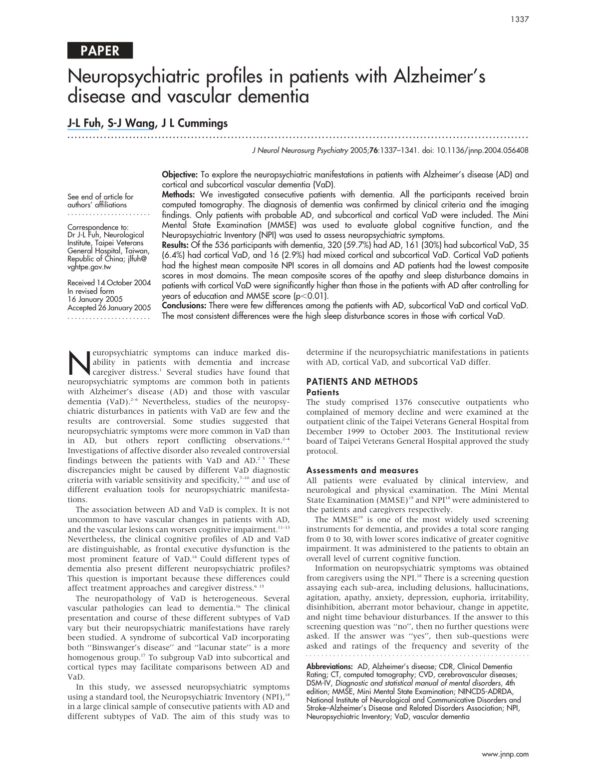 First page of Neuropsychiatric profiles in patients wi