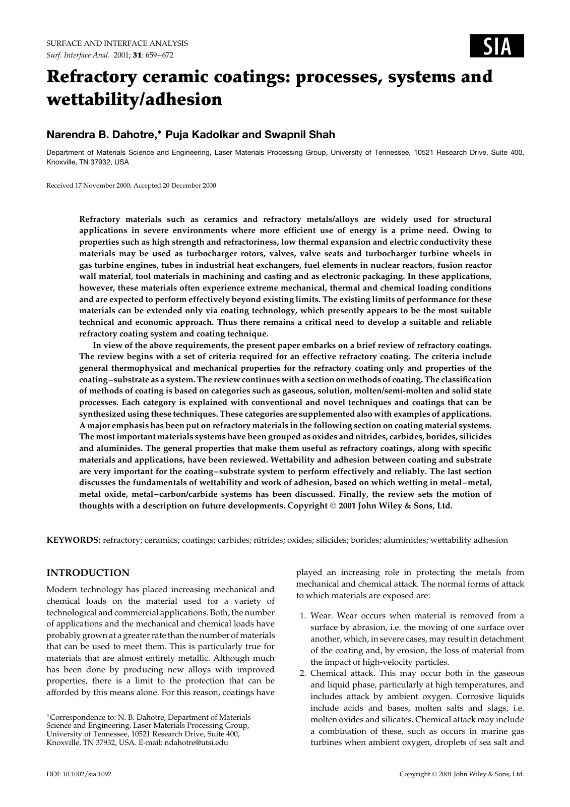 First page of Refractory ceramic coatings processes sy