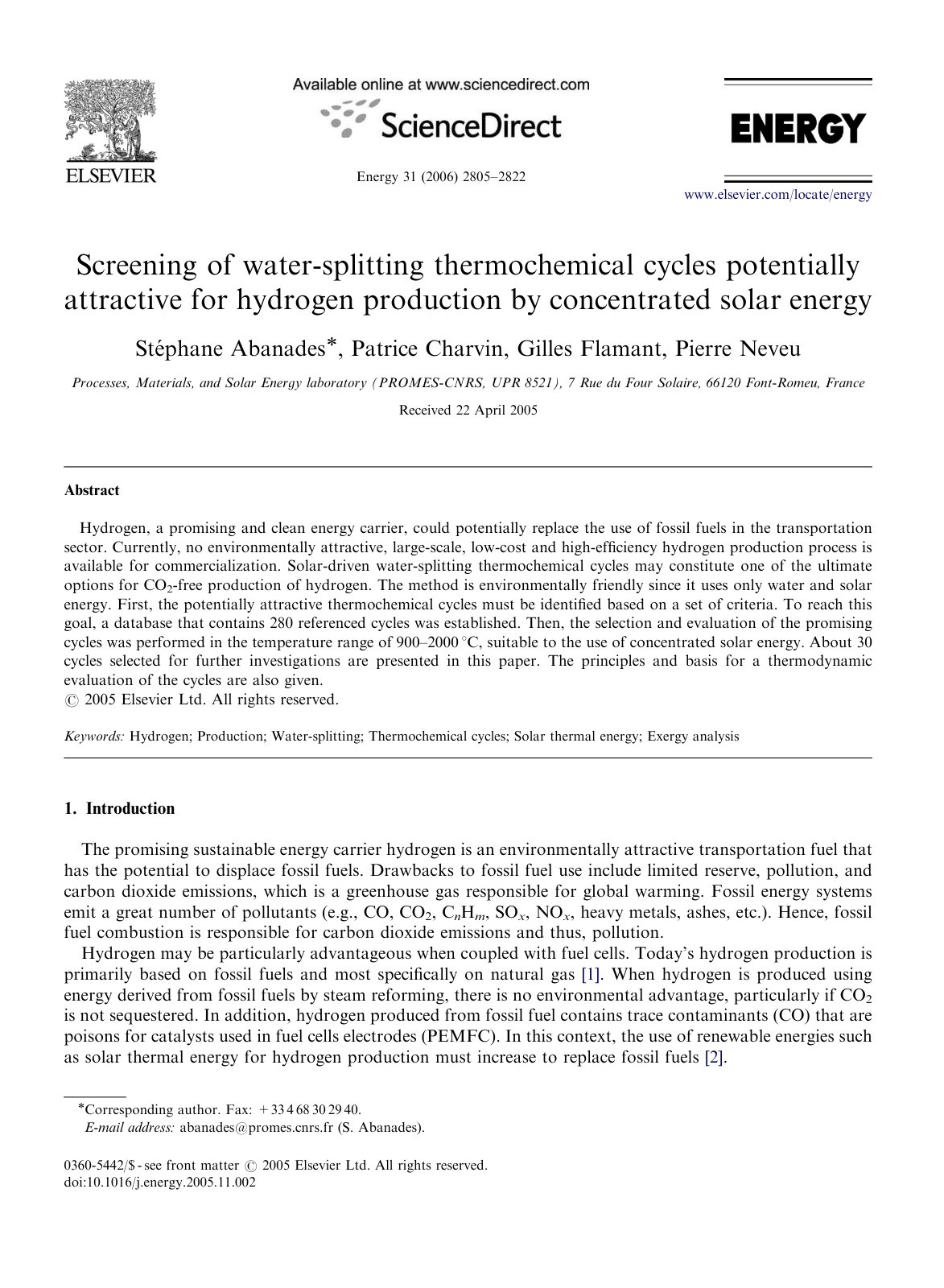 First page of Screening of water splitting thermochemi
