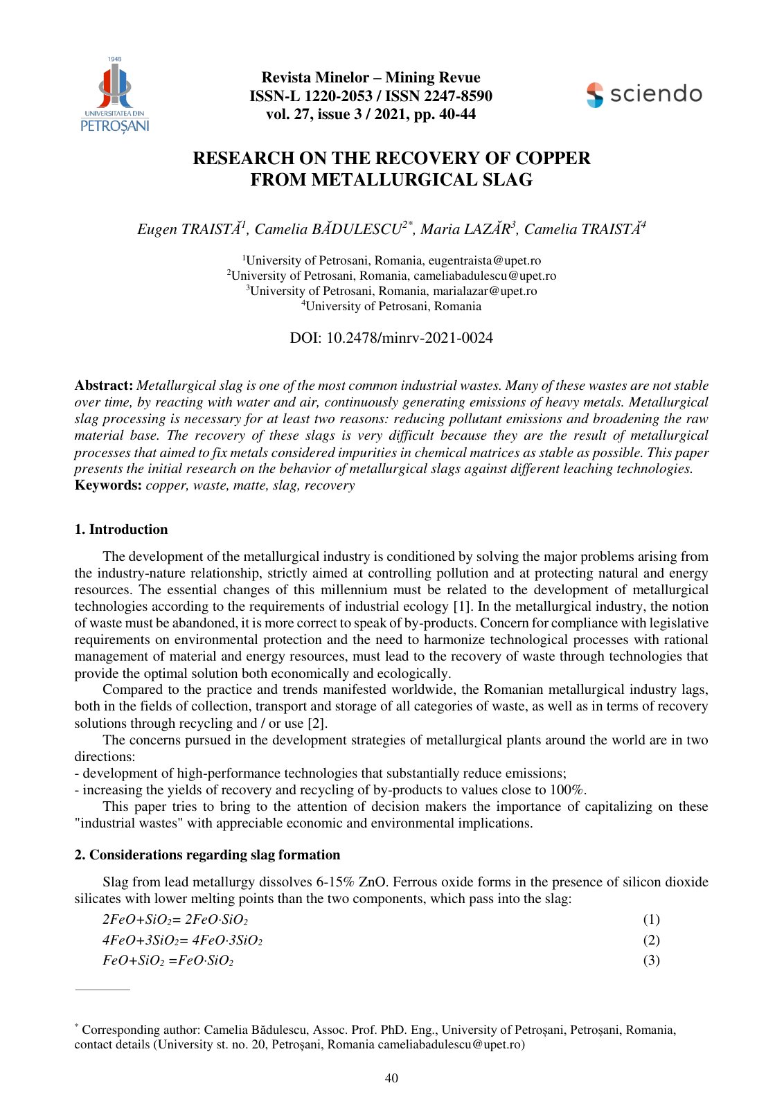 First page of Research on the Recovery of Copper from
