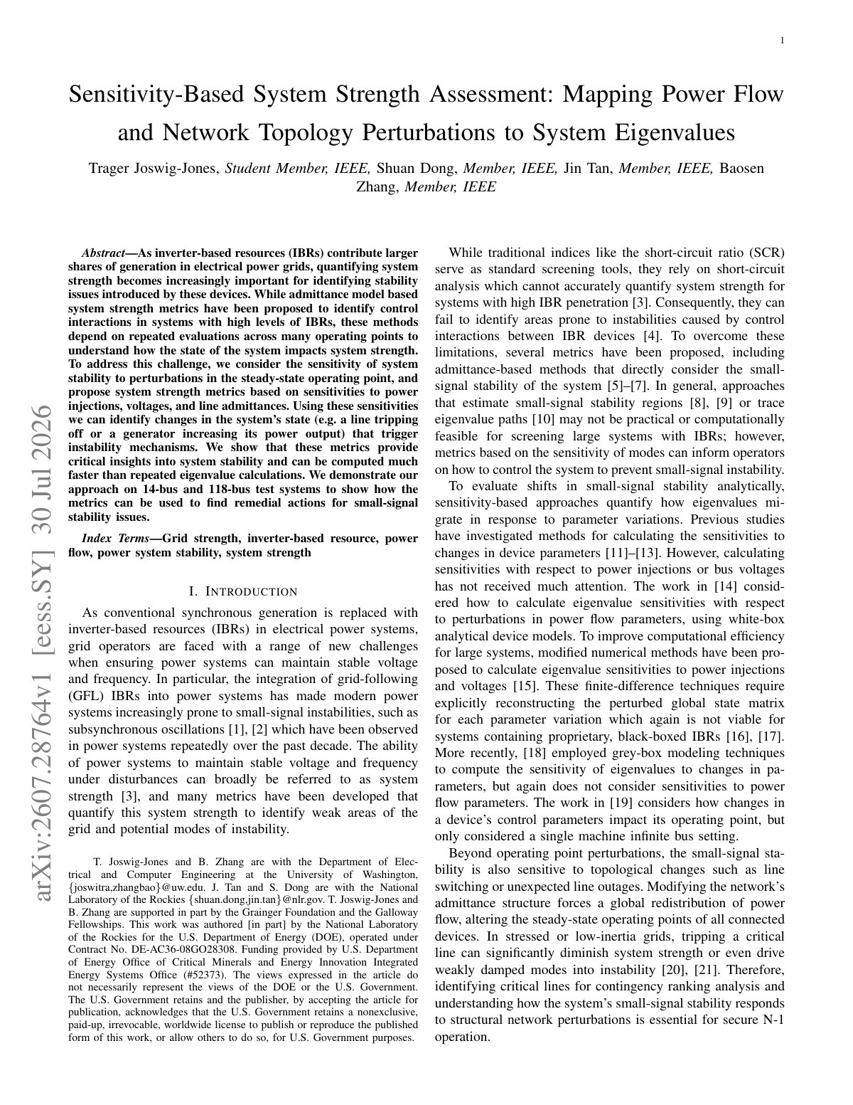 First page of Sensitivity-Based System Strength Assessment: Mapping Power Flow and Network Topology Perturbations to System Eigenvalues