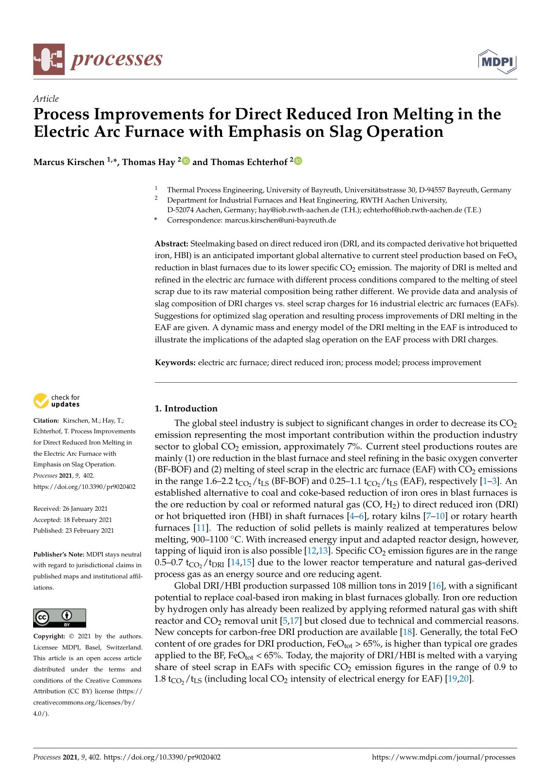 First page of Process Improvements for Direct Reduced Iron Melting in the Electric Arc Furnace with Emphasis on Slag Operation