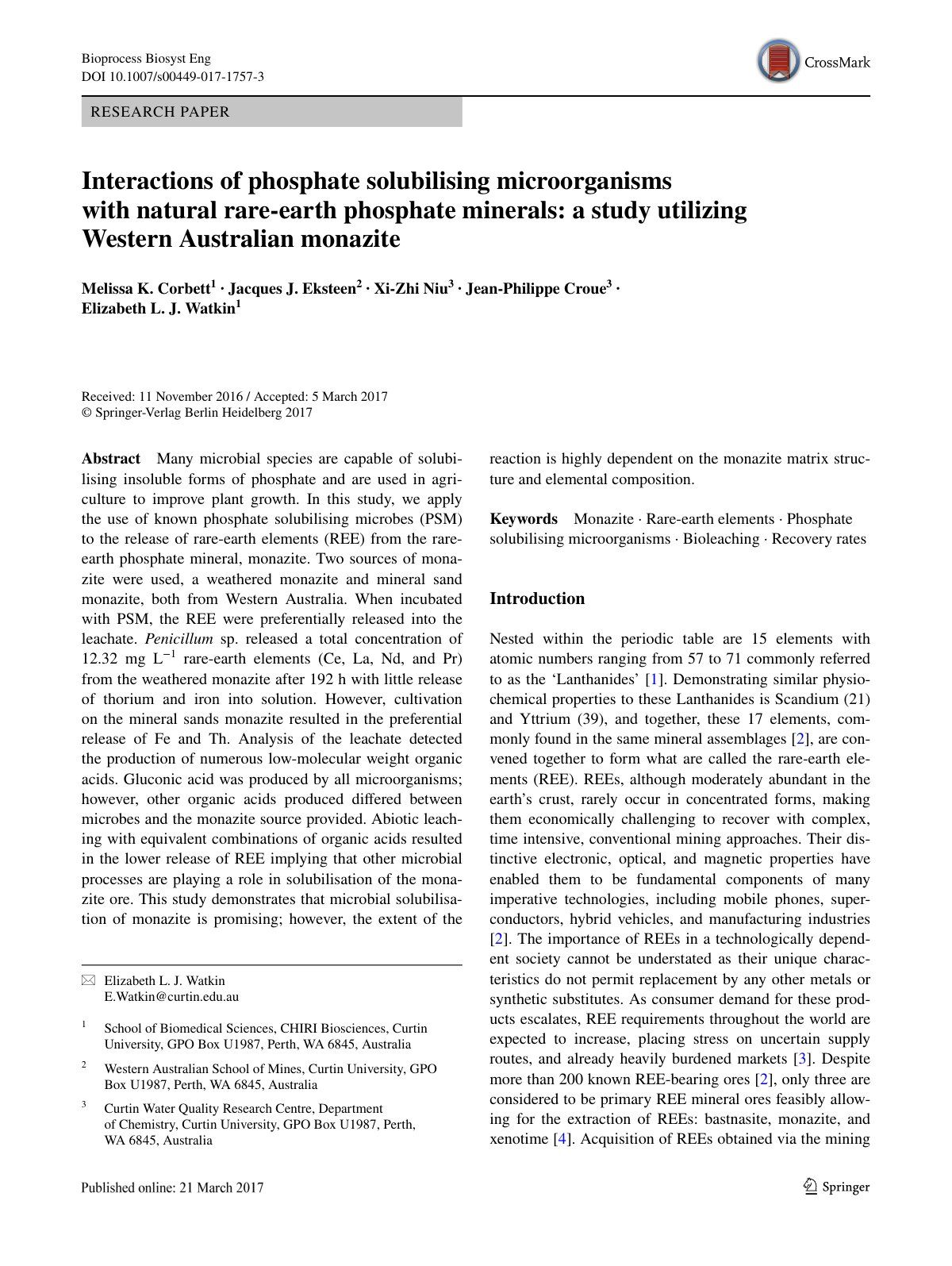 First page of Interactions of phosphate solubilising microorganisms with natural rare-earth phosphate minerals: a study utilizing Western Australian monazite