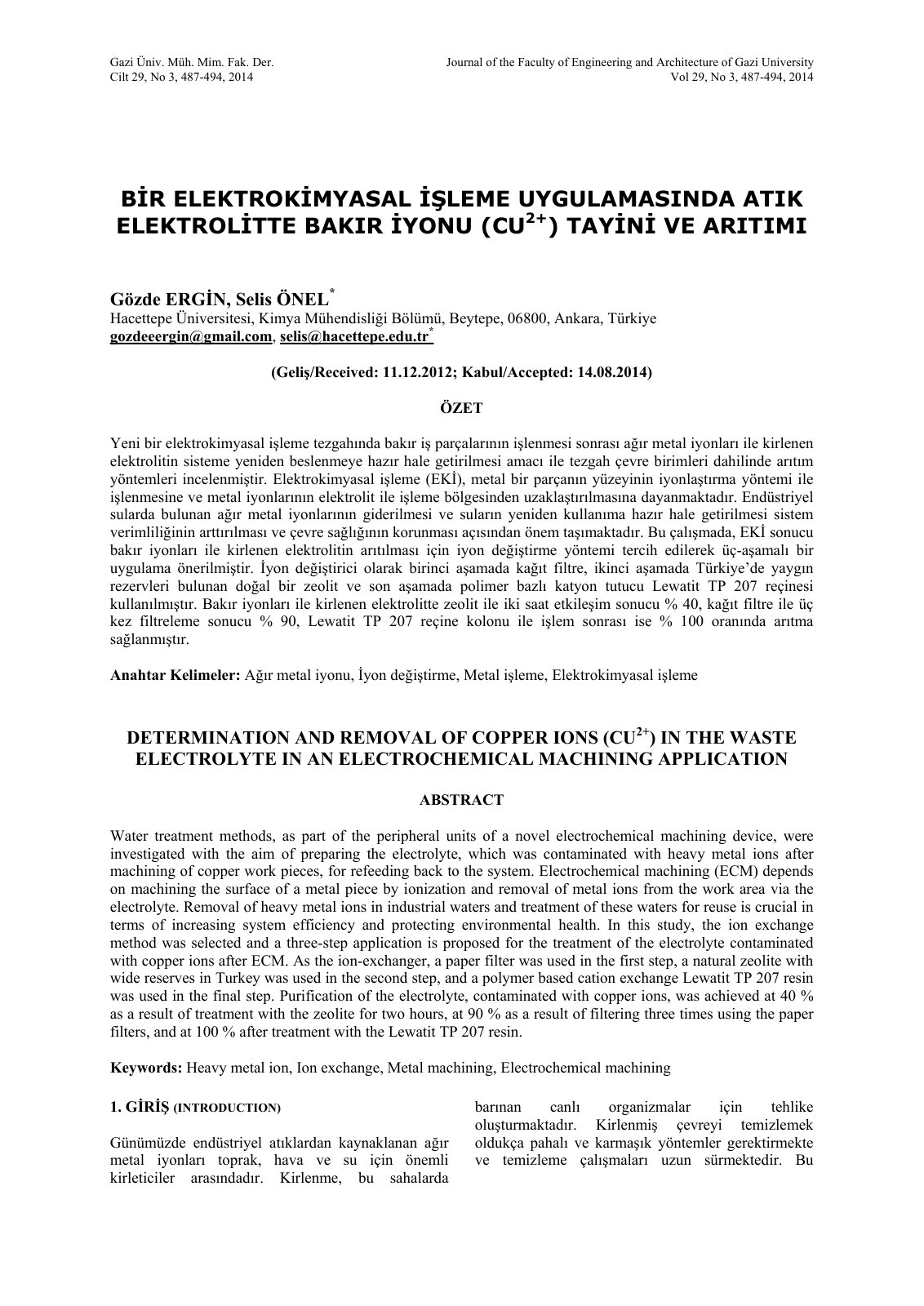 First page of Bir elektrokimyasal işleme uygulamasında atık elektrolitte bakır iyonu (cu2+) tayini ve arıtımı
