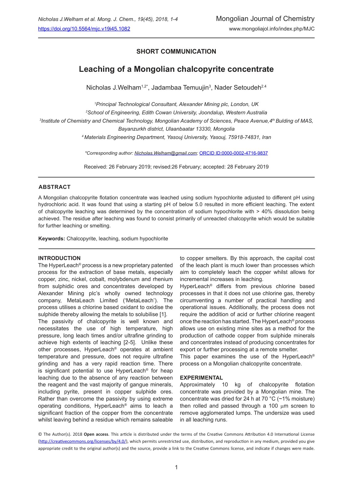 First page of Leaching of a Mongolian chalcopyrite con