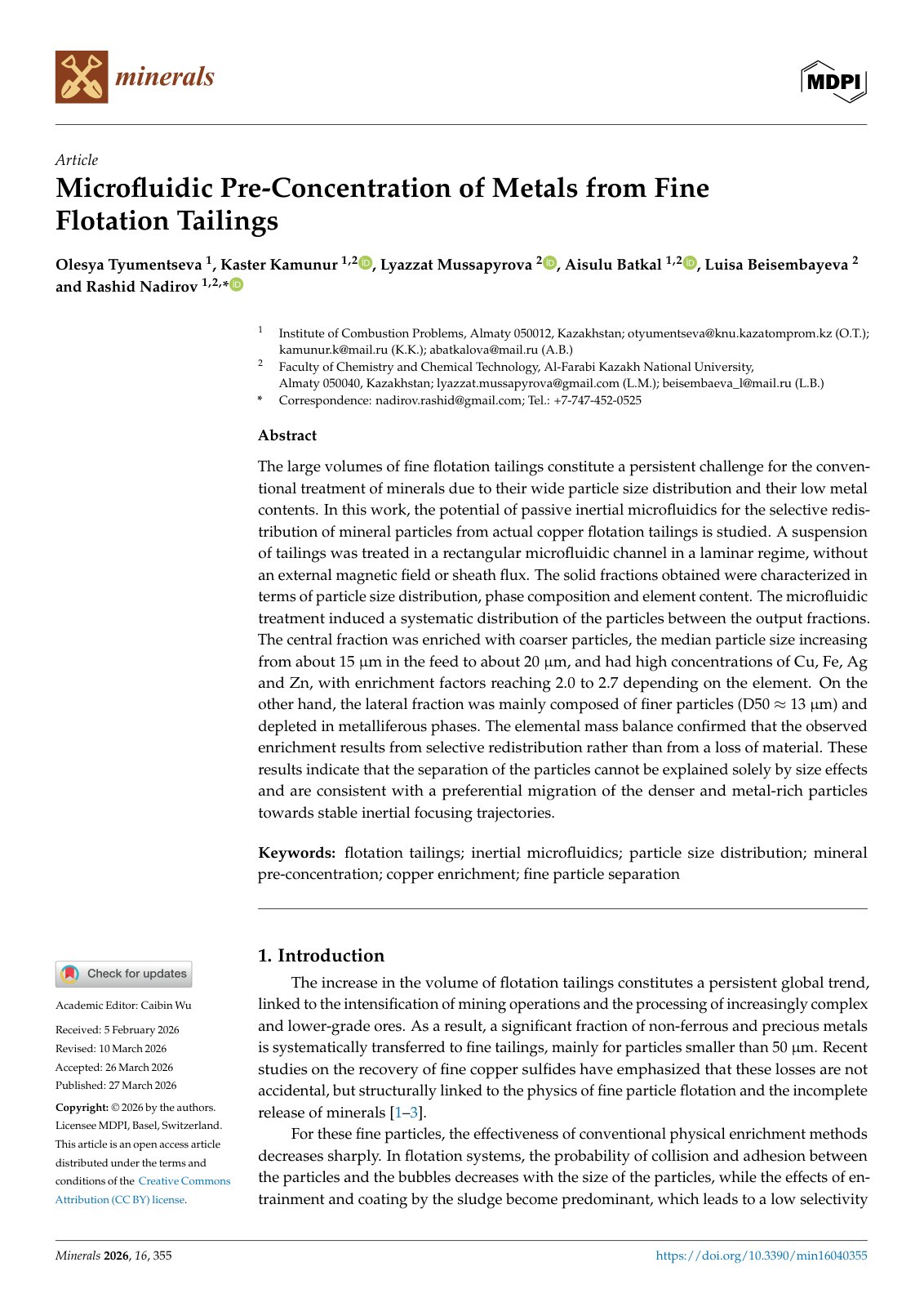 First page of Microfluidic Pre-Concentration of Metals from Fine Flotation Tailings
