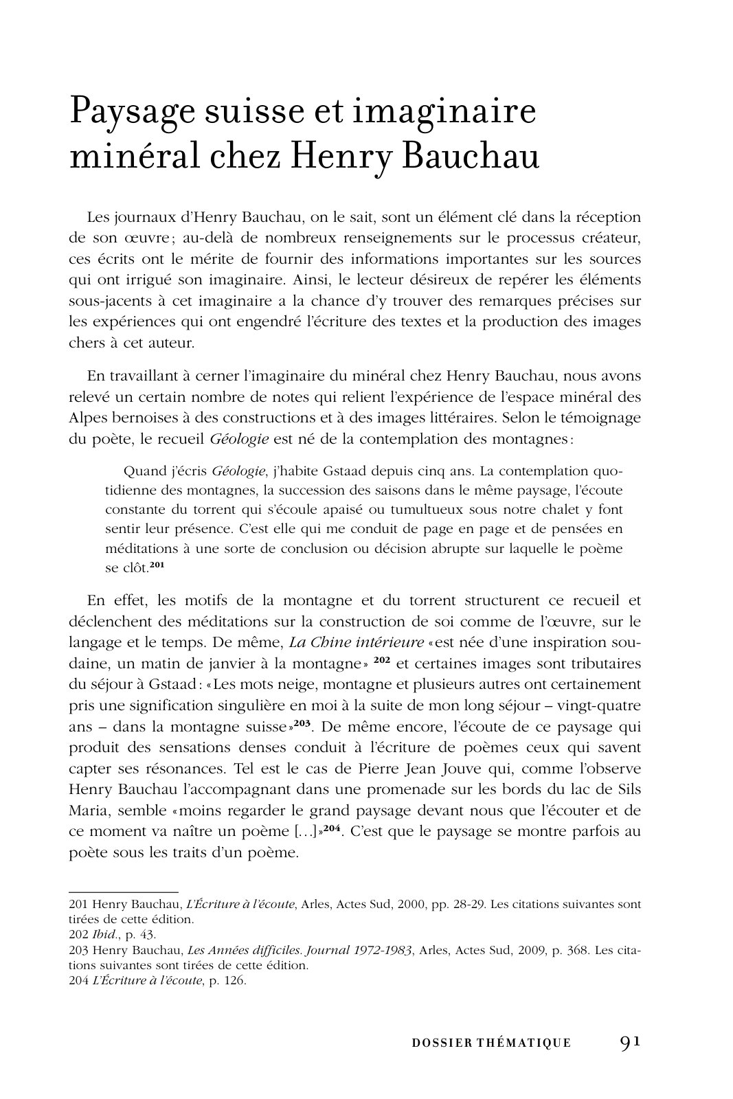 First page of Paysage suisse et imaginaire minéral chez Henry Bauchau