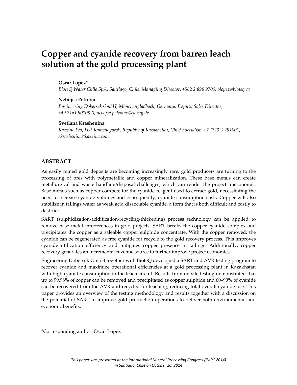 First page of Copper and cyanide recovery from barren leach solution at the gold processing plant
