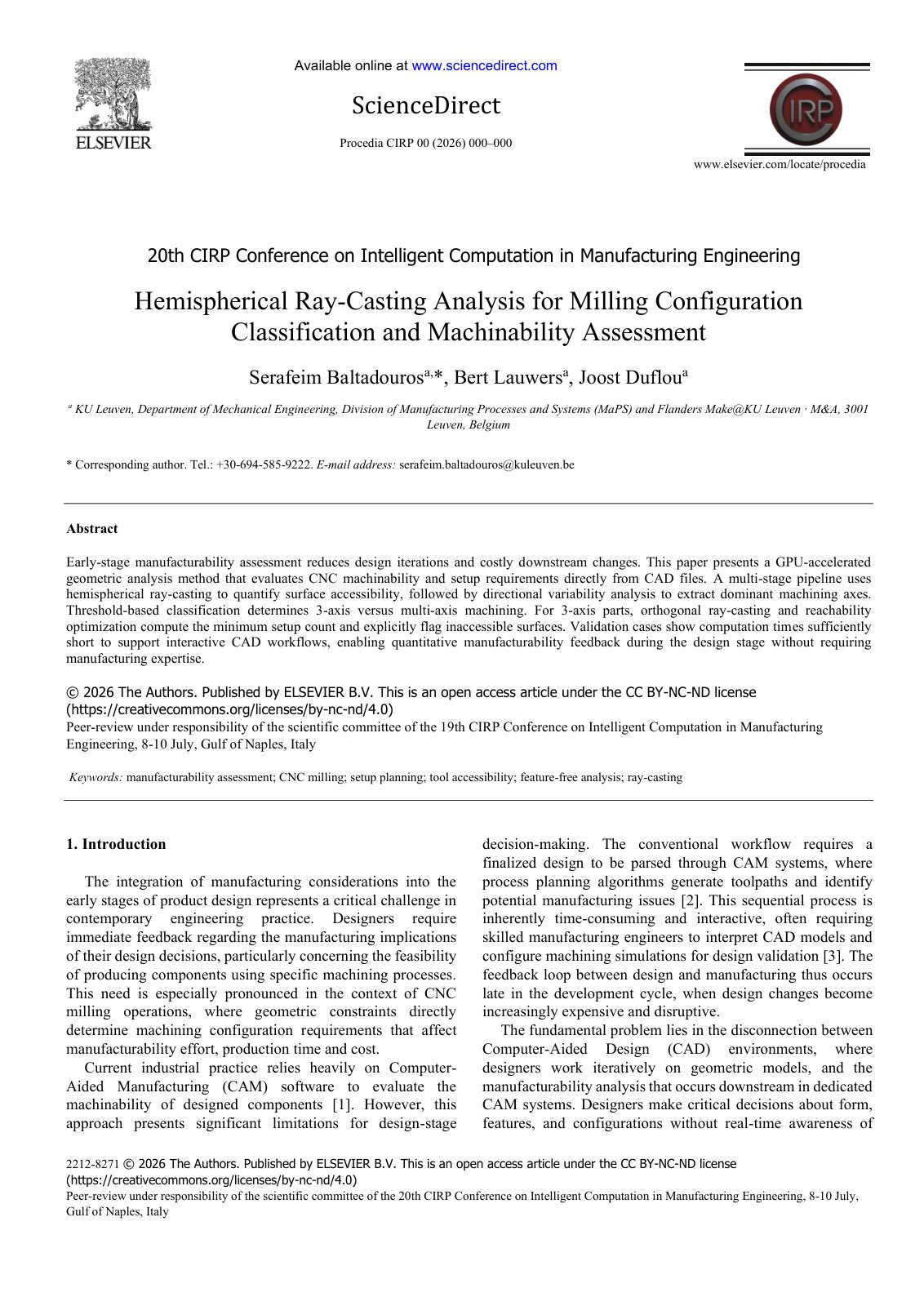 First page of Hemispherical Ray-Casting Analysis for Milling Configuration Classification and Machinability Assessment