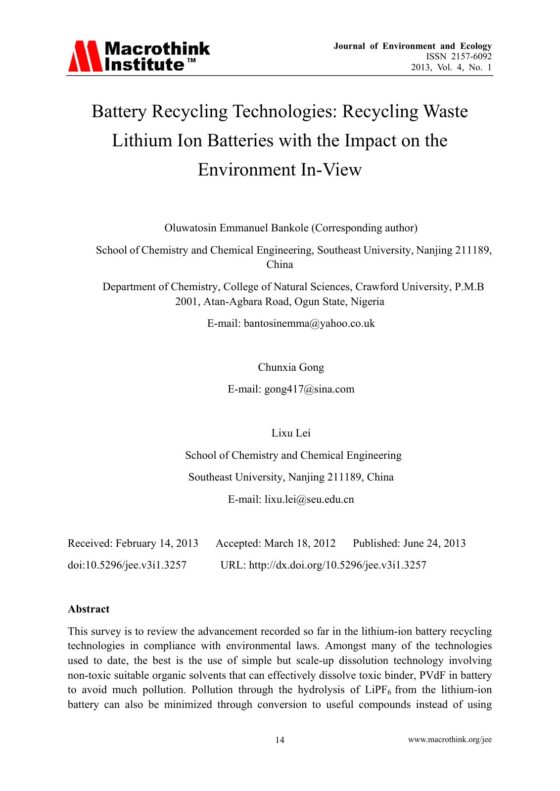First page of Battery Recycling Technologies Recycling