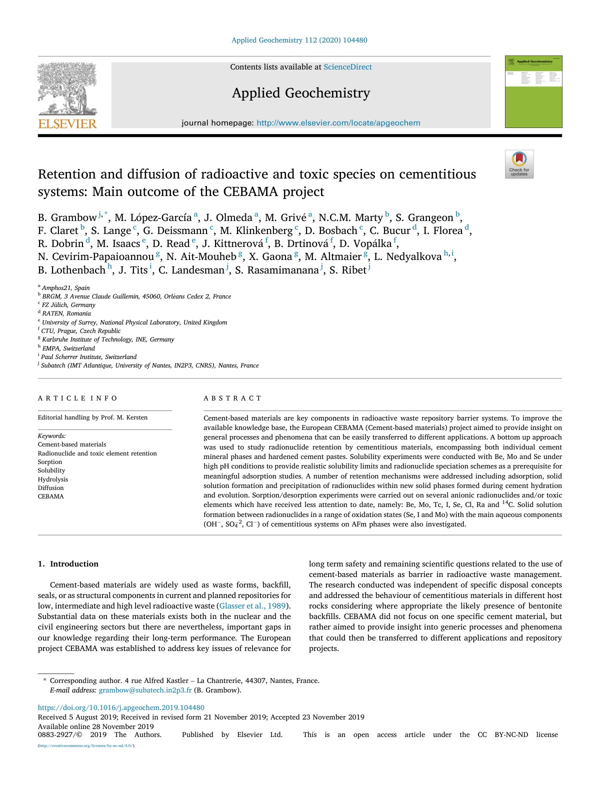 First page of Retention and diffusion of radioactive and toxic species on cementitious systems: Main outcome of the CEBAMA project