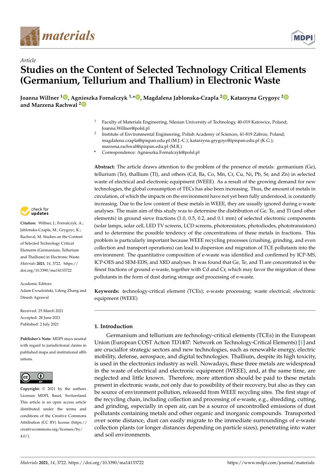 First page of Studies on the Content of Selected Techn