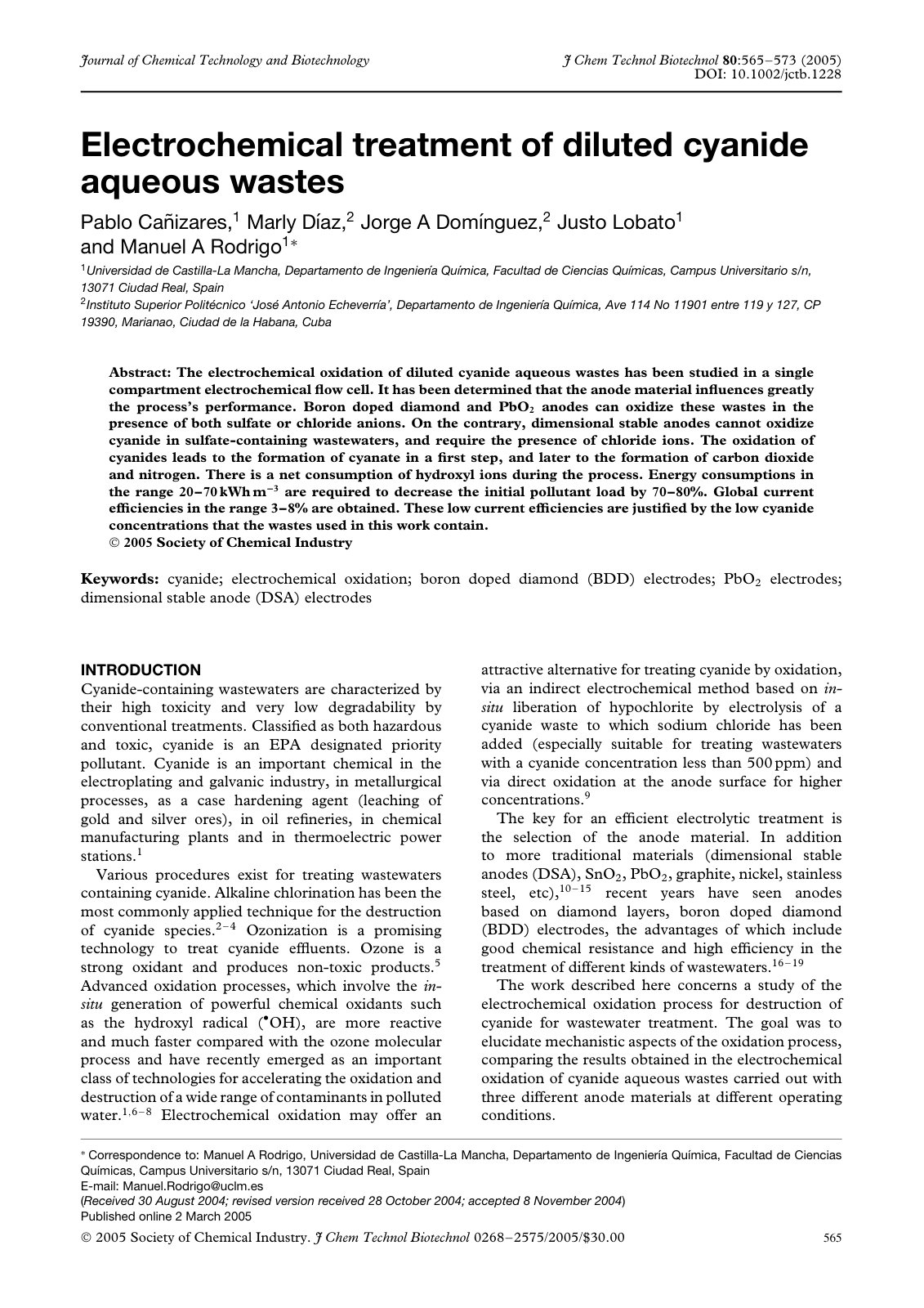 First page of Electrochemical treatment of diluted cya
