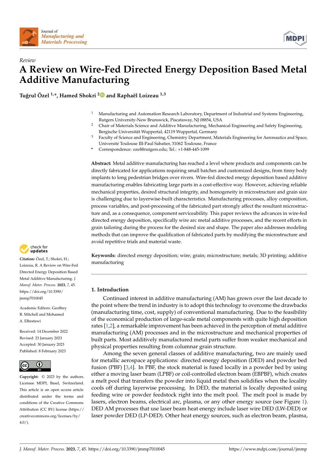 First page of A Review on Wire-Fed Directed Energy Deposition Based Metal Additive Manufacturing