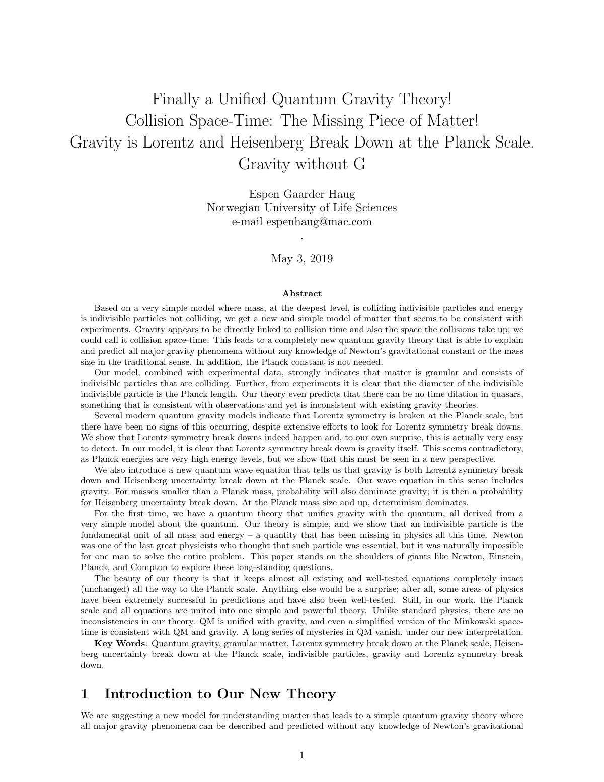 First page of Finally a Unified Quantum Gravity Theory
