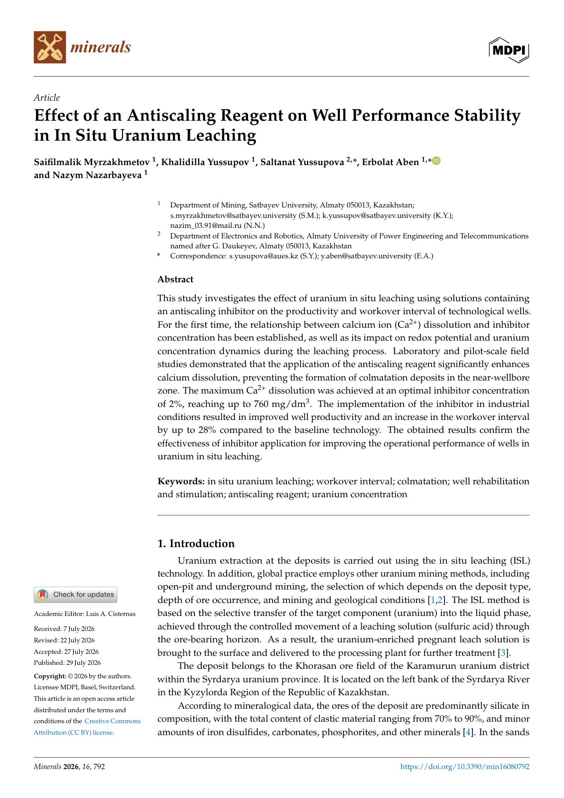 First page of 2026   Myrzakhmetov   Antiscaling reagent in uranium in situ leaching