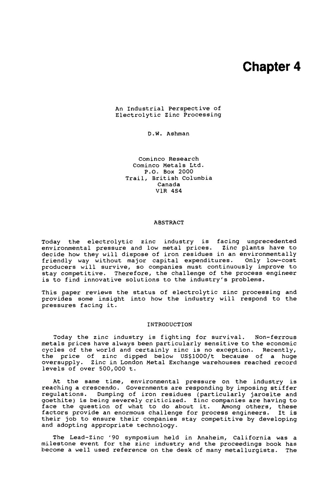 First page of An Industrial Perspective of Electrolytic Zinc Processing