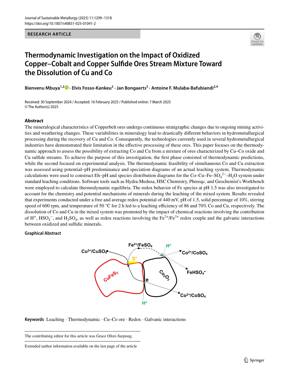 First page of Thermodynamic Investigation on the Impact of Oxidized Copper–Cobalt and Copper Sulfide Ores Stream Mixture Toward the Dissolution of Cu and Co