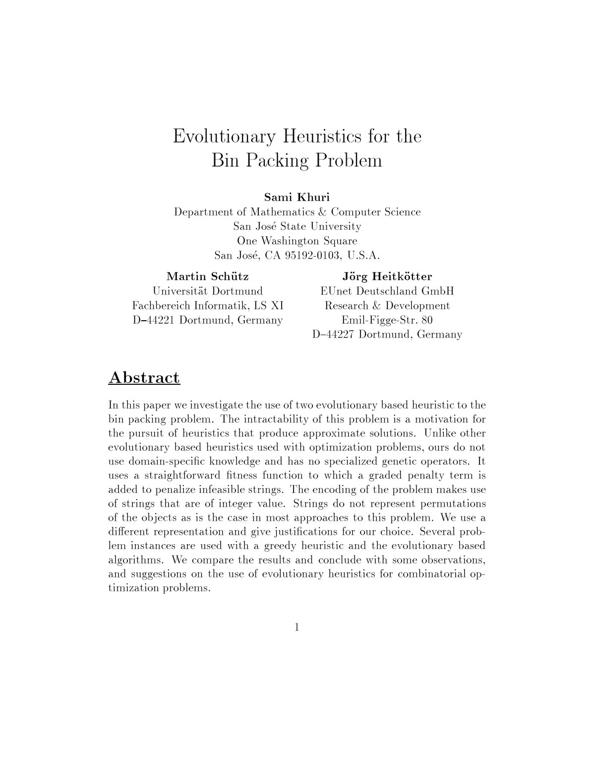 First page of Evolutionary Heuristics for the Bin Pack