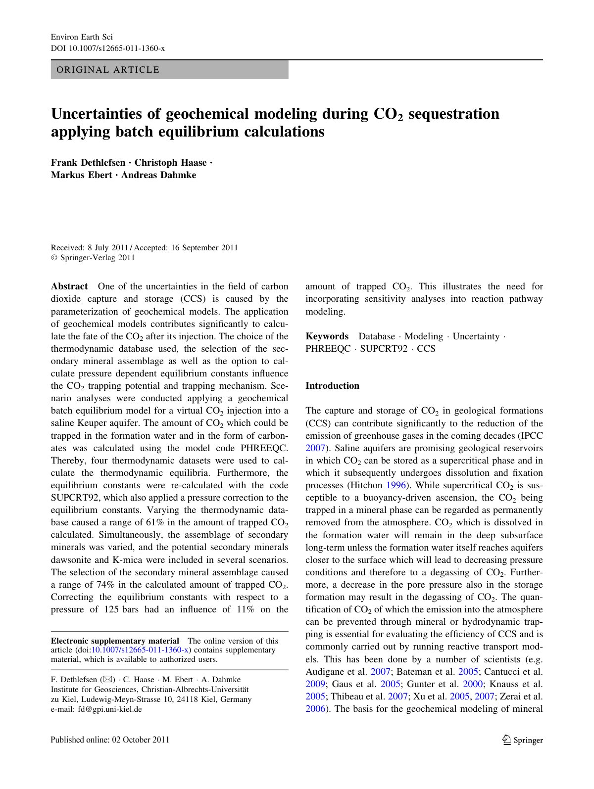 First page of Uncertainties of geochemical modeling during CO2 sequestration applying batch equilibrium calculations