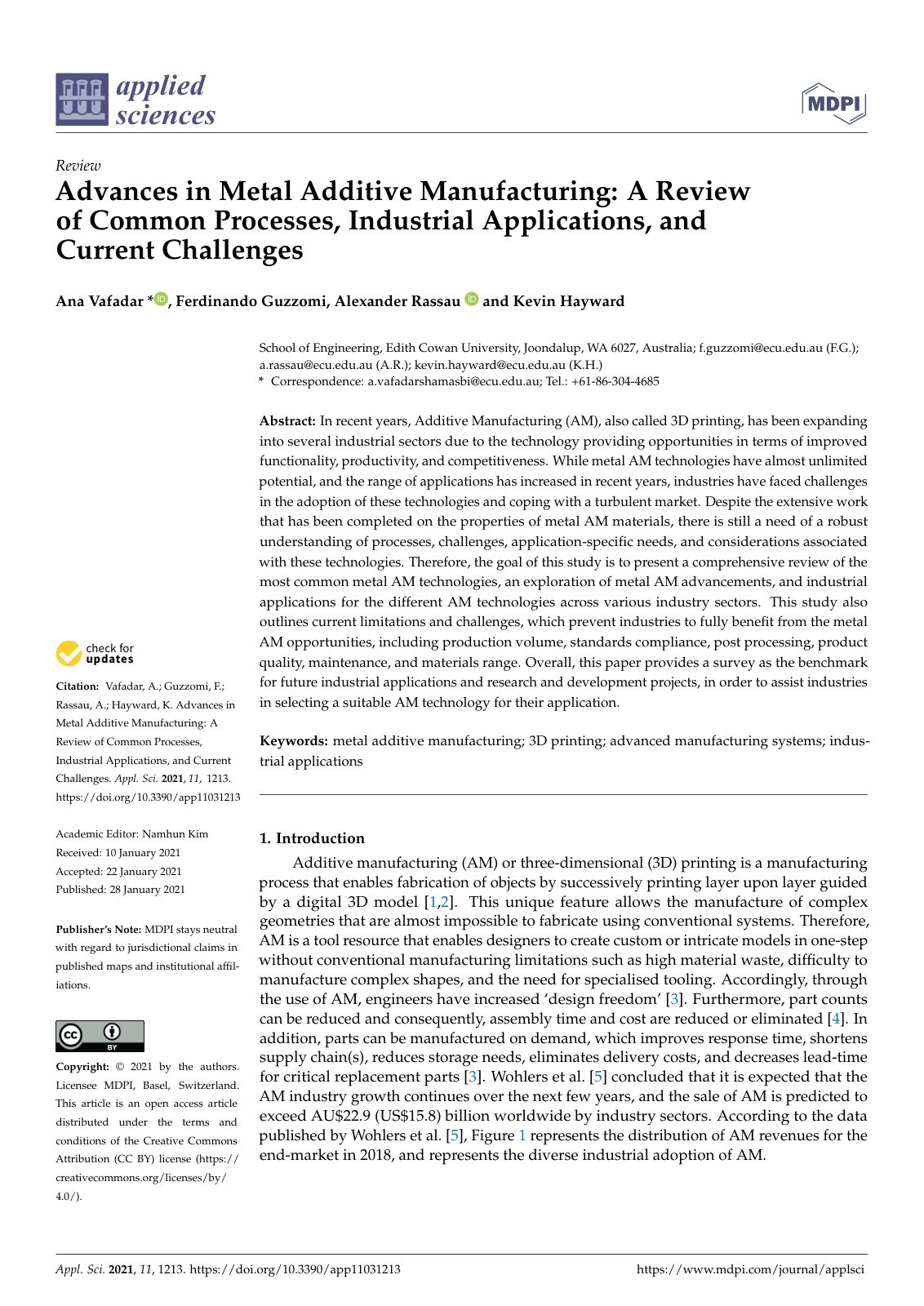 First page of Advances in Metal Additive Manufacturing: A Reviewof Common Processes, Industrial Applications, andCurrent Challenges