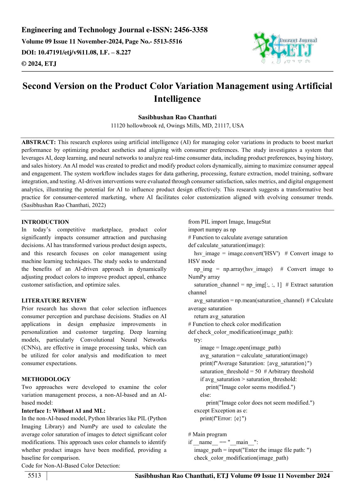 First page of Second Version on the Product Color Variation Management using Artificial 