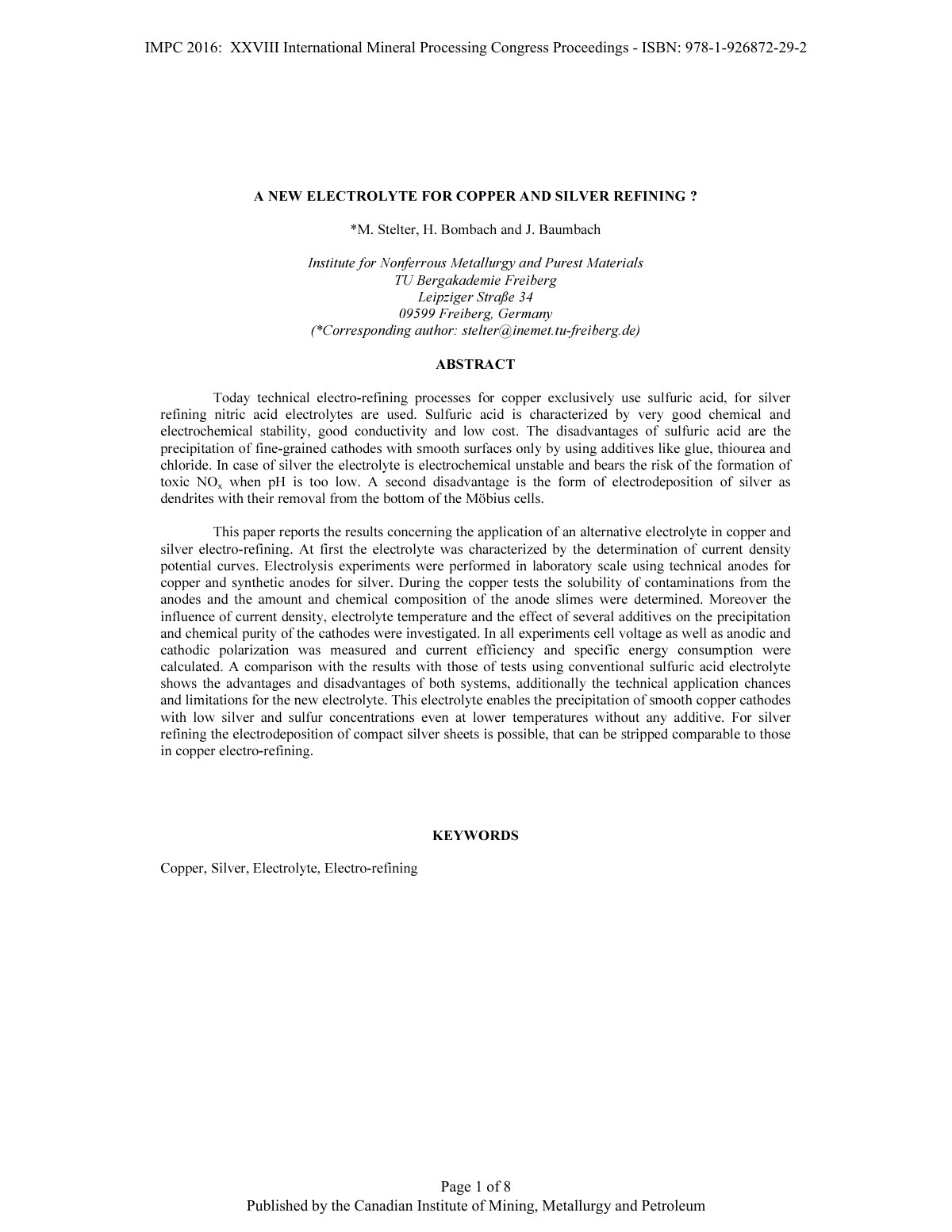 First page of A NEW ELECTROLYTE FOR COPPER AND SILVER REFINING