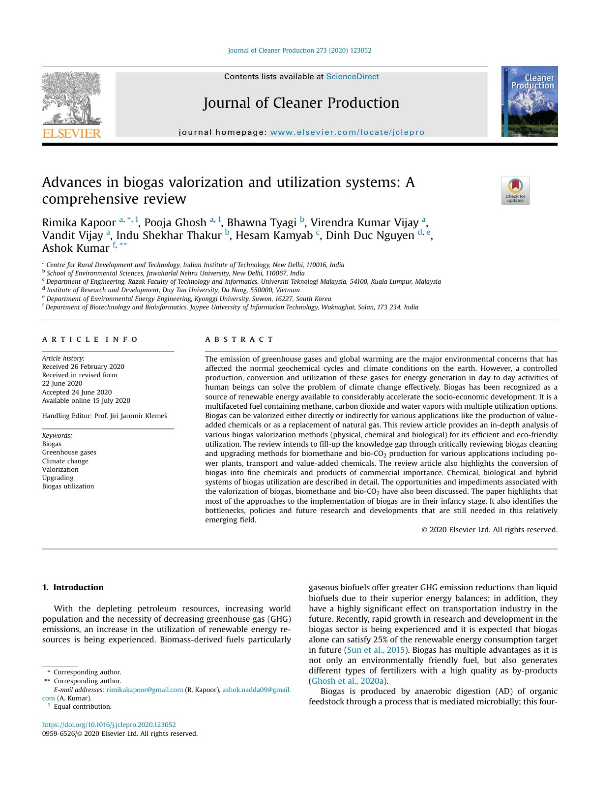 First page of Advances in biogas valorization and util